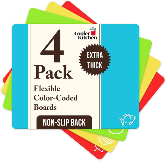 Extra Thick Flexible Plastic Cutting Board Mats with Food Icons & EZ-Grip Waffle Back,Dishwasher Safe