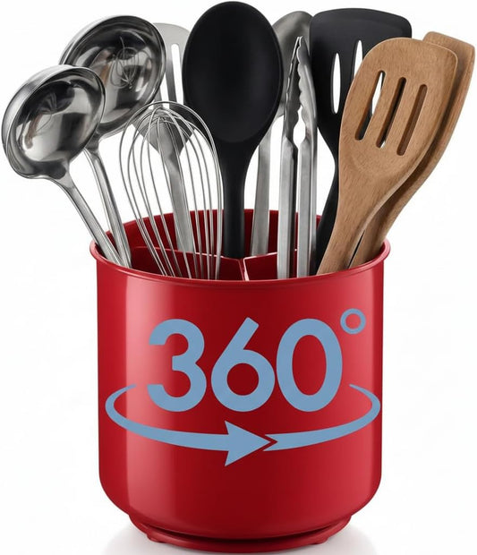 Cooler Kitchen Extra Large and Sturdy Rotating Utensil Holder Caddy with No-Tip Weighted Base, Removable Divider, and Gripped Insert | Rust Proof and Dishwasher Safe