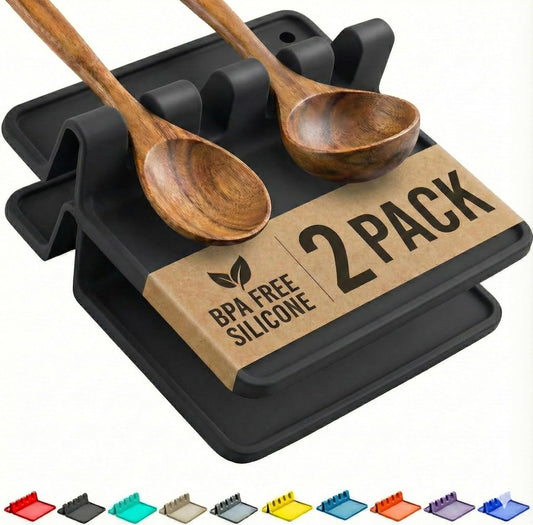 Cooler Kitchen Black Silicone Spoon Rest for Stove Top with Drip Pad - Heat-Resistant, BPA-Free Utensil Rest & Spoon Holder for Kitchen Counter - Grill Utensil Holder for Spatulas