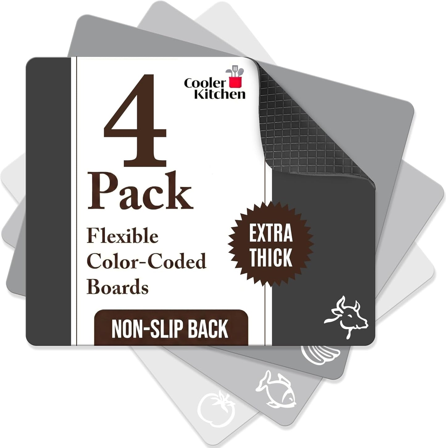 Extra Thick Flexible Plastic Cutting Board Mats with Food Icons & EZ-Grip Waffle Back,Dishwasher Safe