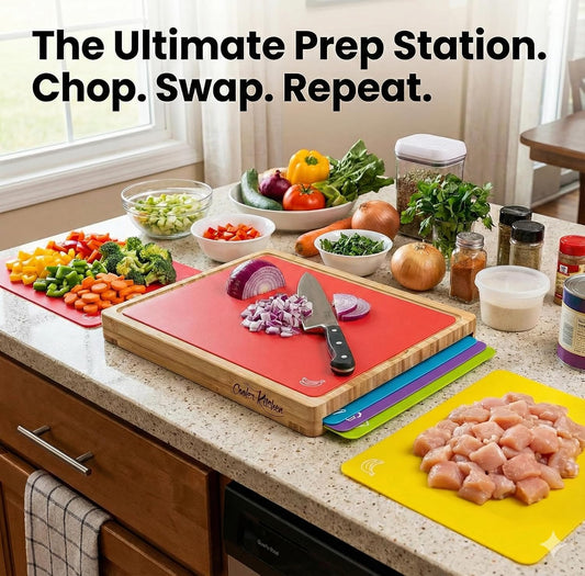 Easy-to-Clean Bamboo Wood Cutting Board with set of 6 Color-Coded Flexible Cutting Mats with Food Icons