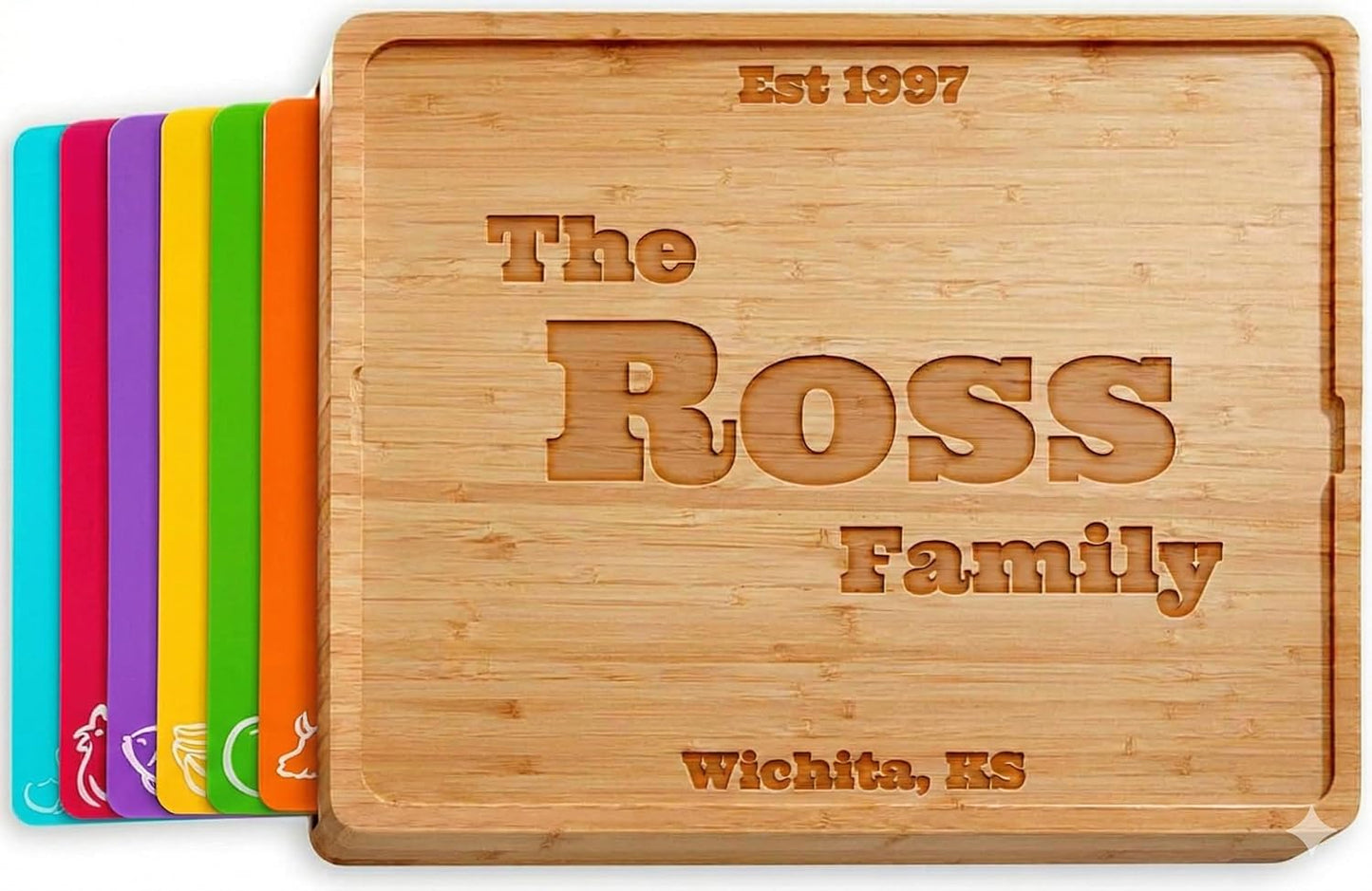 Cooler Kitchen Bamboo Cutting Board Set with 6 Color Coded Flexible Plastic Mats with Food Icons, Labeled Cutting Boards for Kitchen with Holder - BPA-Free Wooden, Dishwasher Safe, Large