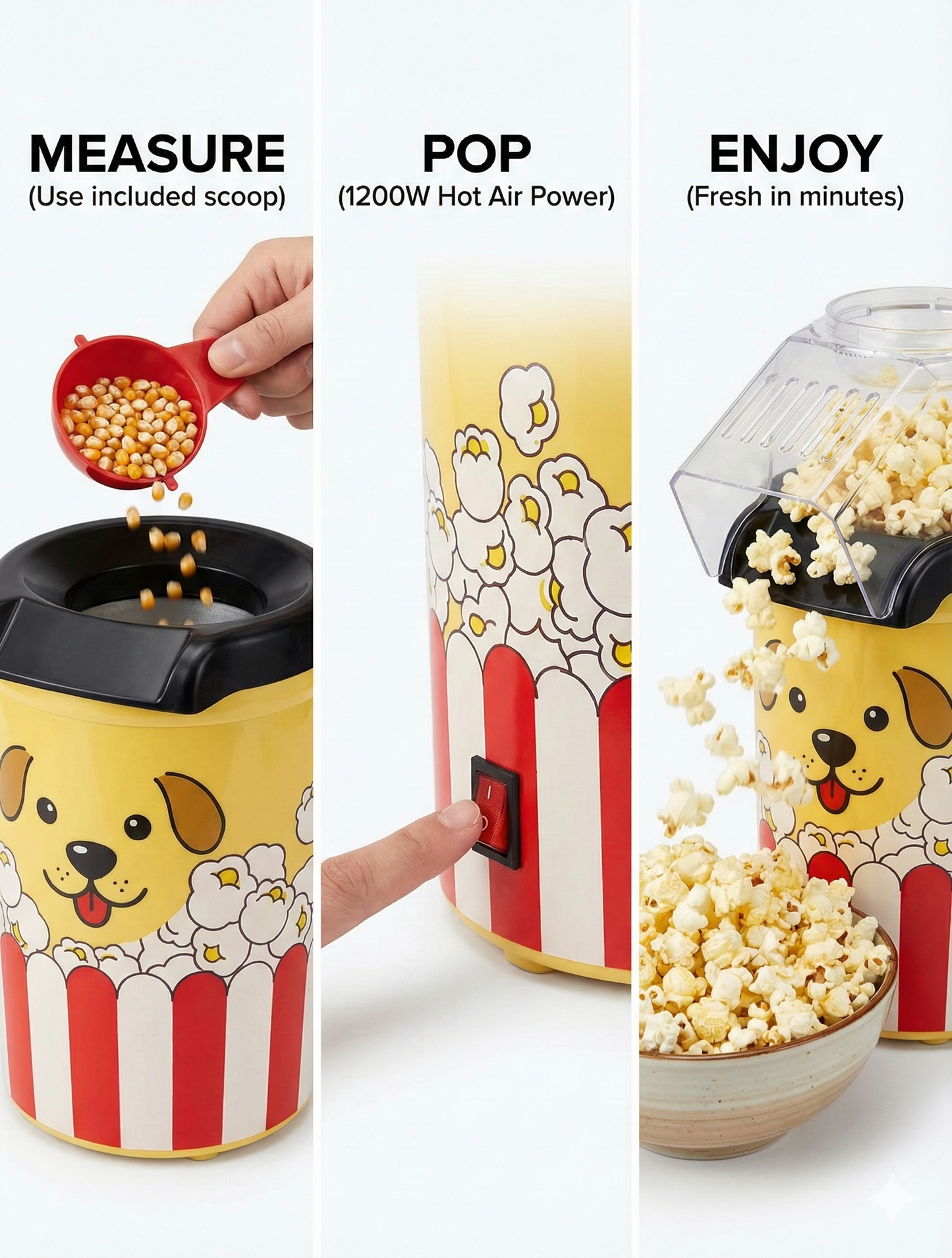 Cooler Concepts "Pupcorn" Popcorn Machine & Air Popper – 1200W Hot Air Popper with Butter Melting Tray – Mini Electric Maker - Gift for Dog Lovers, Home, Kids Movie Night - Healthy Oil Free Snacks