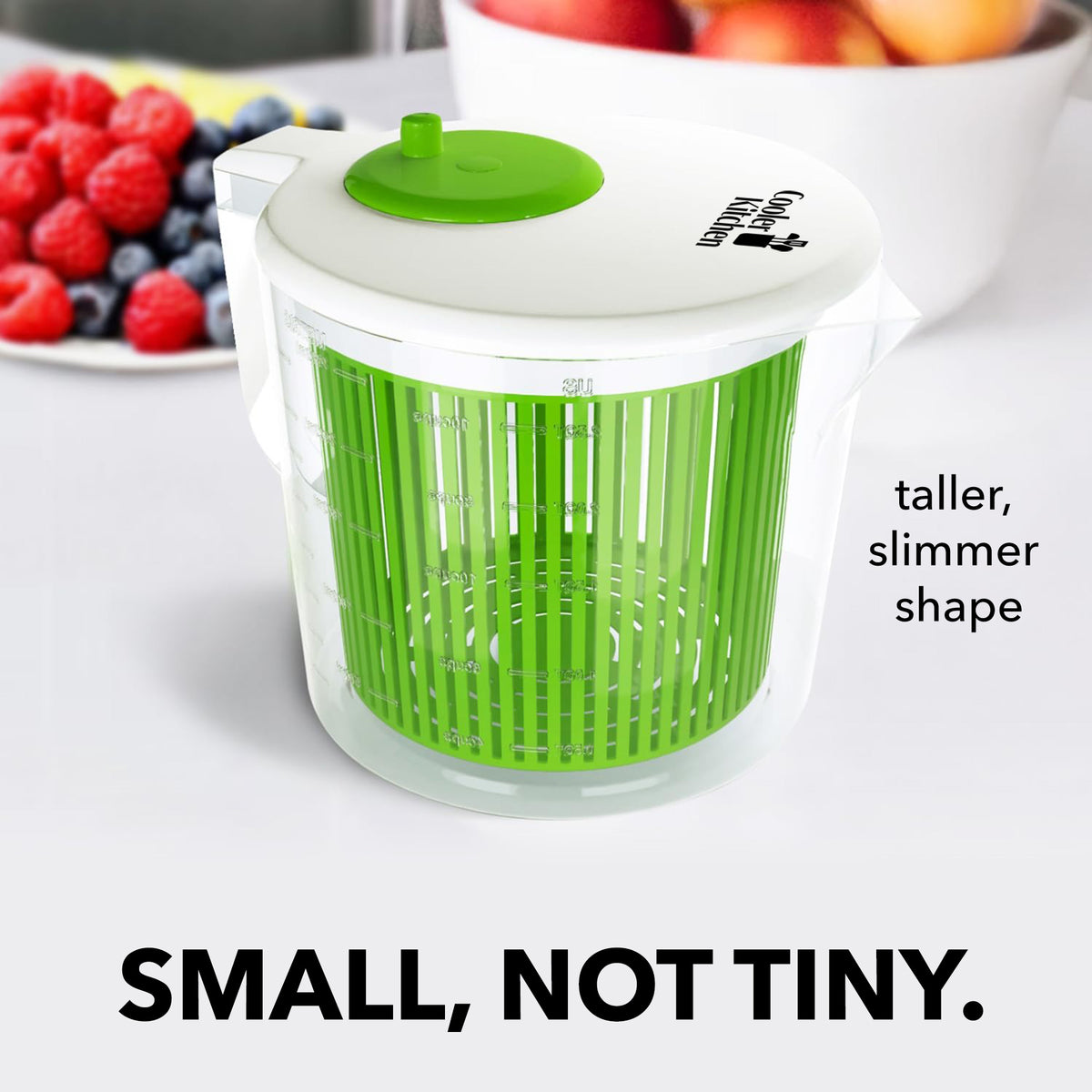 Cooler Kitchen Small Salad Spinner — Mini Lettuce Spinner and Dryer with Measuring Cup Bowl — Compact Veggie & Fruit Washer, Salad Dryer Spinner — Dishwasher Safe, BPA-Free