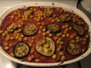 Eggplant Baked with Tomatoes, Chickpeas and Basil Goat Cheese (A Departure from Salad)
