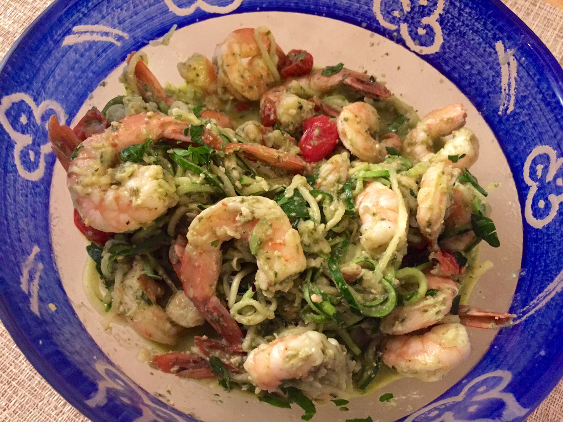 Fresh Zucchini Pasta with Frozen Pesto (and Shrimps!)