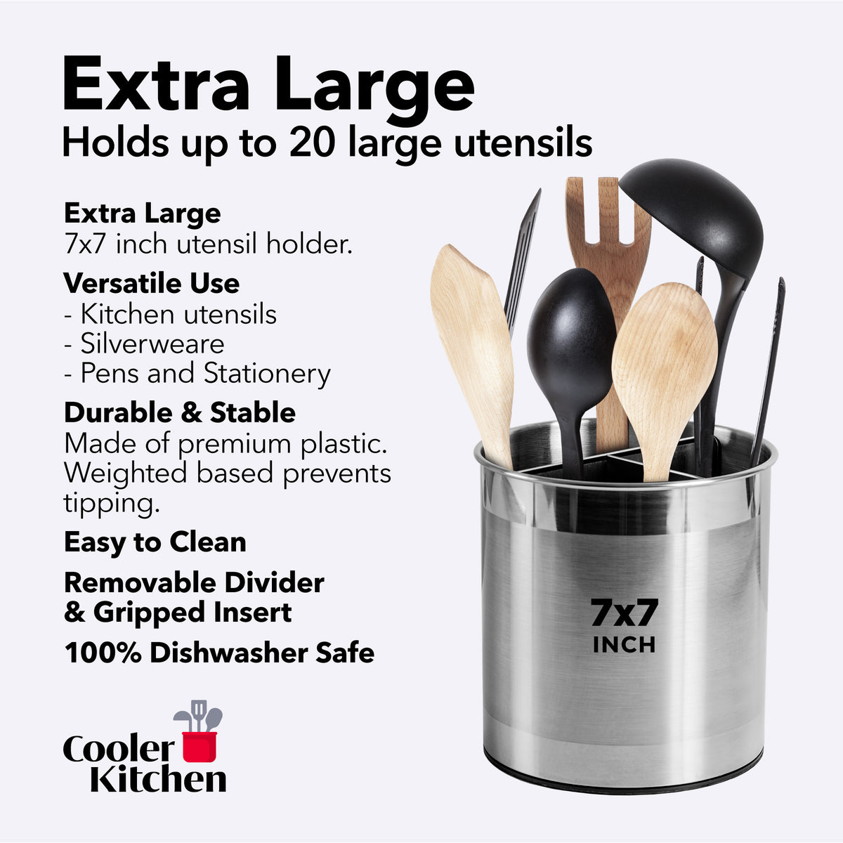 Extra Large Rotating Utensil Holder Caddy with Sturdy No-Tip Weighted Base, Removable Divider, and Gripped Insert: Metal | Rust Proof