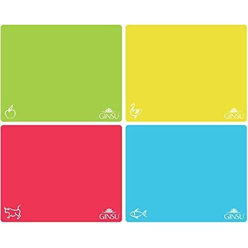 Ginsu Flexible Plastic Cutting Boards - Extra Thick 1.2mm Dishwasher Safe BPA Free - Colorful Cutting Mats with Slip Resistant Waffle Back (Set of 4)
