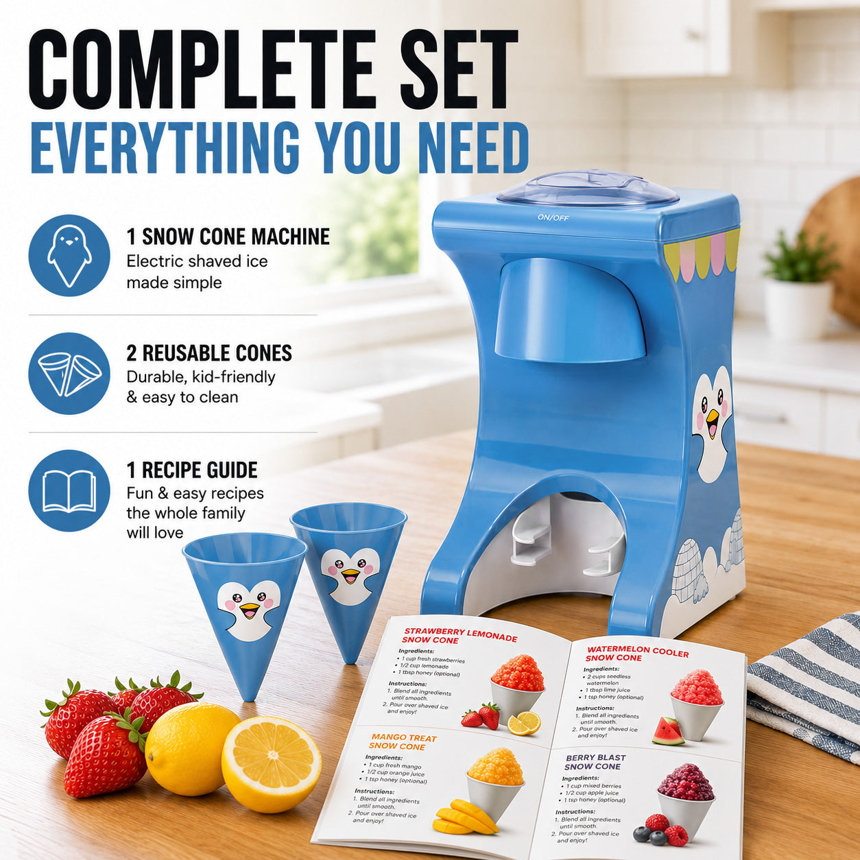 Cooler Concepts Electric Snow Cone Machine for Kids & Home - Penguin Countertop Best Shaved Ice Machine Maker - Uses Regular Cubes  or Crushed Ice for Instant Healthy Treats & Slushies