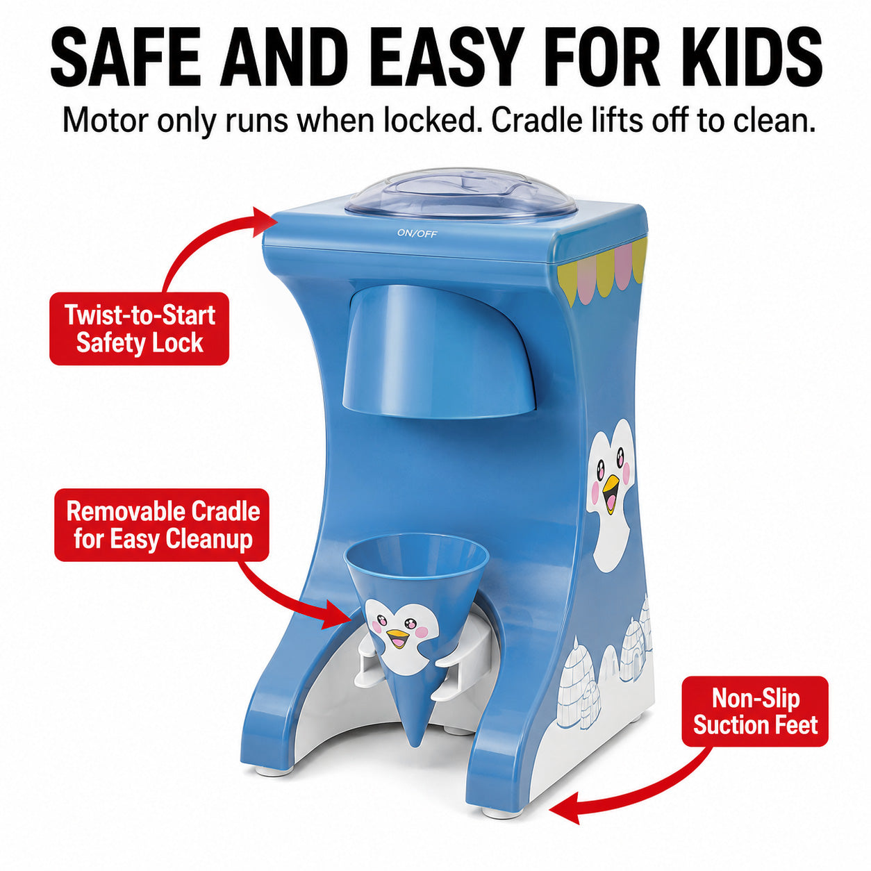 Cooler Concepts Electric Snow Cone Machine for Kids & Home - Penguin Countertop Best Shaved Ice Machine Maker - Uses Regular Cubes  or Crushed Ice for Instant Healthy Treats & Slushies