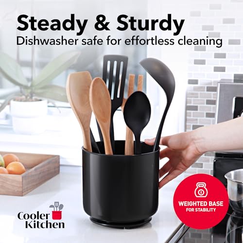 Cooler Kitchen Extra Large and Sturdy Rotating Utensil Holder Caddy with No-Tip Weighted Base, Removable Divider, and Gripped Insert | Rust Proof and Dishwasher Safe