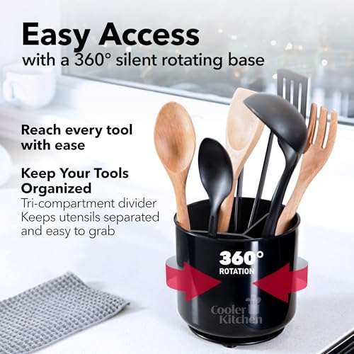 Cooler Kitchen Extra Large and Sturdy Rotating Utensil Holder Caddy with No-Tip Weighted Base, Removable Divider, and Gripped Insert | Rust Proof and Dishwasher Safe