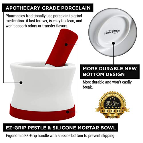 EZ-Grip Silicone & Porcelain Mortar and Pestle With Non-Slip Detachable Silicone Base - NEW DESIGN - Dishwasher Safe by Cooler Kitchen