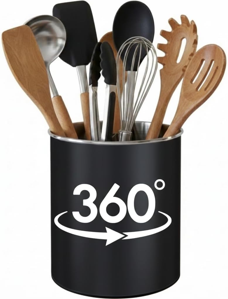 Extra Large Rotating Utensil Holder Caddy with Sturdy No-Tip Weighted Base, Removable Divider, and Gripped Insert: Metal | Rust Proof