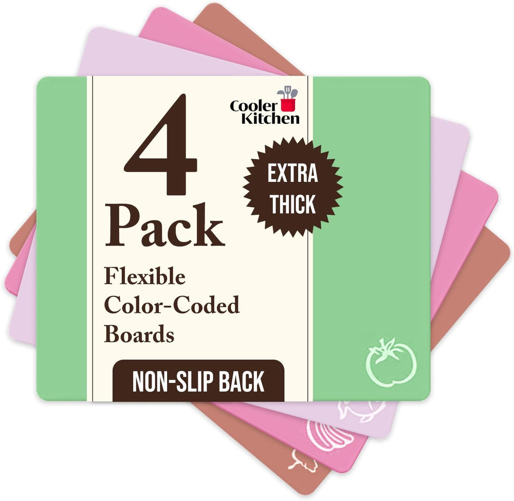 Extra Thick Flexible Plastic Cutting Board Mats With Food Icons & "EZ-Grip" Waffle Back, (Set of 4)…