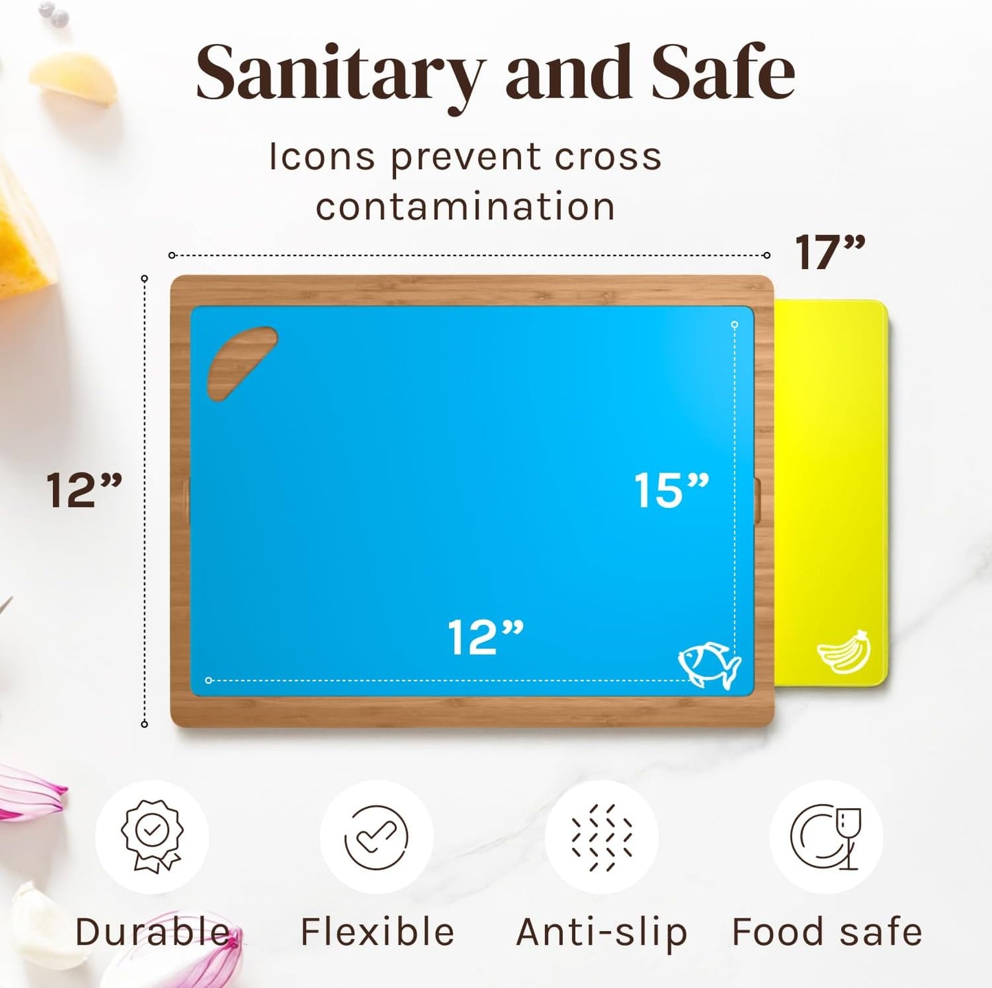 Cooler Kitchen Bamboo Cutting Board Set with 6 Color Coded Flexible Plastic Mats with Food Icons, Labeled Cutting Boards for Kitchen with Holder - BPA-Free Wooden, Dishwasher Safe, Large