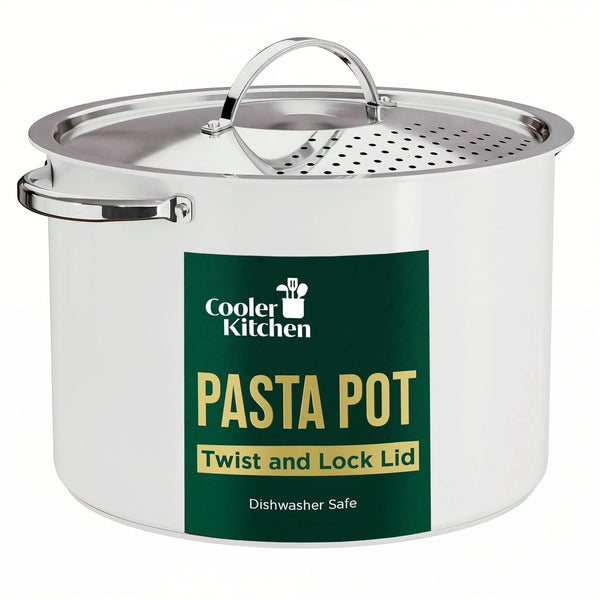 Cooler Concepts Pasta Pot with Strainer Lid - 5.5 Quart Large Spaghetti Pot - Twist & Lock for Easy Drain & No Colander Or Strainer Basket Insert Needed - Dishwasher Safe Pots