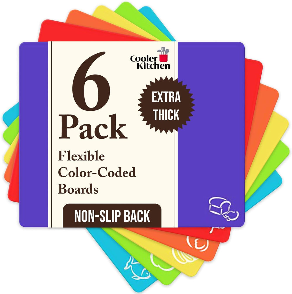 Extra Thick Flexible Plastic Cutting Board Mats with Food Icons & EZ-Grip Waffle Back, (Set of 6) Dishwasher Safe