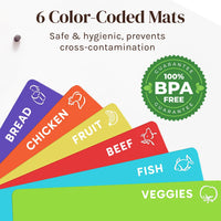 Easy-to-Clean Bamboo Wood Cutting Board with set of 6 Color-Coded Flexible Cutting Mats with Food Icons