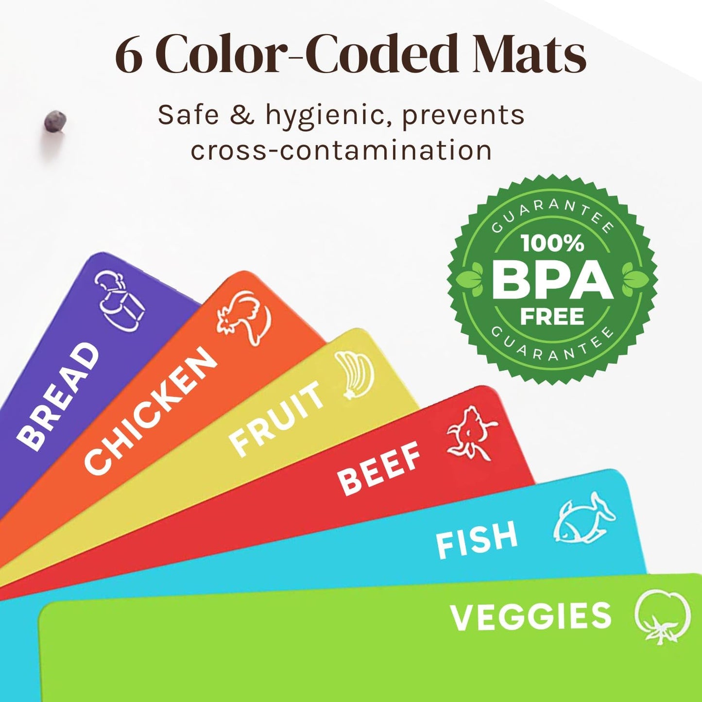 Cooler Kitchen Bamboo Cutting Board Set with 6 Color Coded Flexible Plastic Mats with Food Icons, Labeled Cutting Boards for Kitchen with Holder - BPA-Free Wooden, Dishwasher Safe, Large