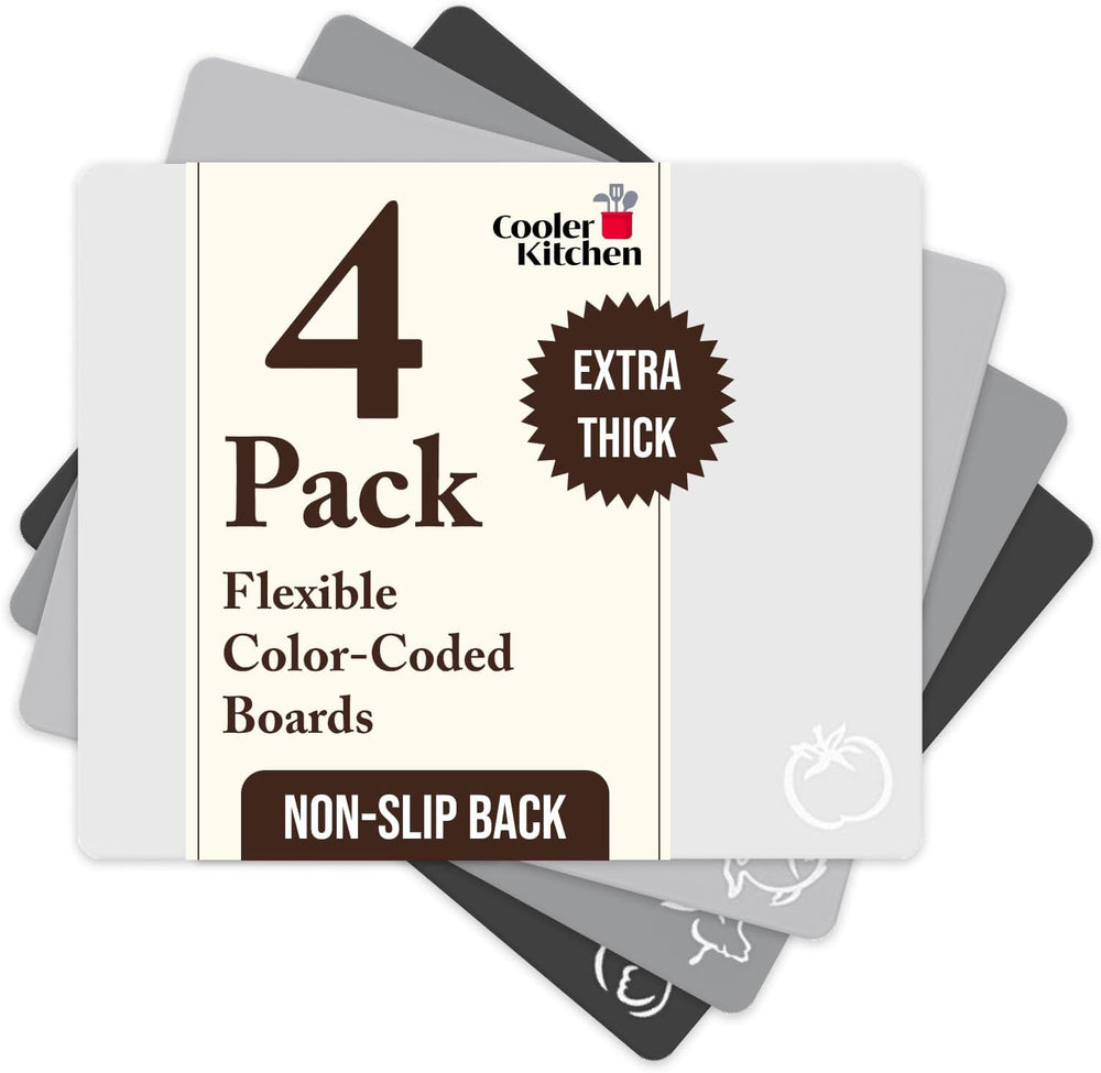 Extra Thick Flexible Plastic Cutting Board Mats With Food Icons & "EZ-Grip" Waffle Back, (Set of 4)…