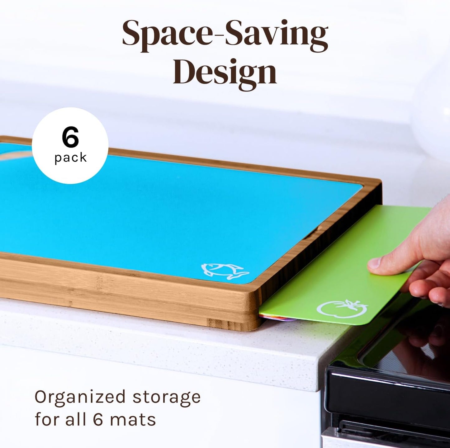 Cooler Kitchen Bamboo Cutting Board Set with 6 Color Coded Flexible Plastic Mats with Food Icons, Labeled Cutting Boards for Kitchen with Holder - BPA-Free Wooden, Dishwasher Safe, Large