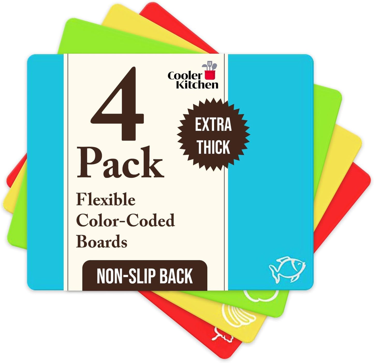 Extra Thick Flexible Plastic Cutting Board Mats with Food Icons & EZ-Grip Waffle Back,Dishwasher Safe