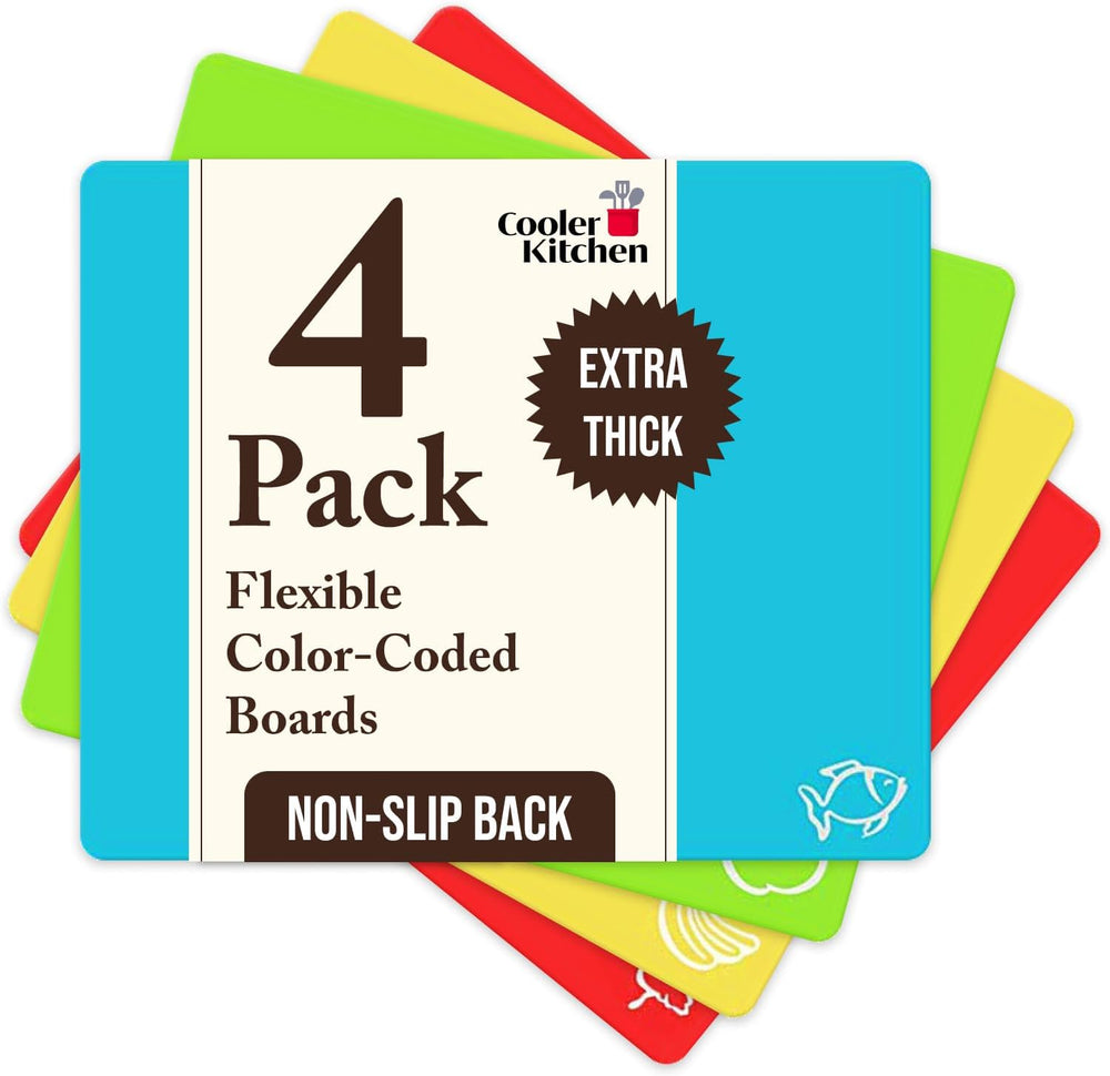 Extra Thick Flexible Plastic Cutting Board Mats with Food Icons & EZ-Grip Waffle Back,Dishwasher Safe