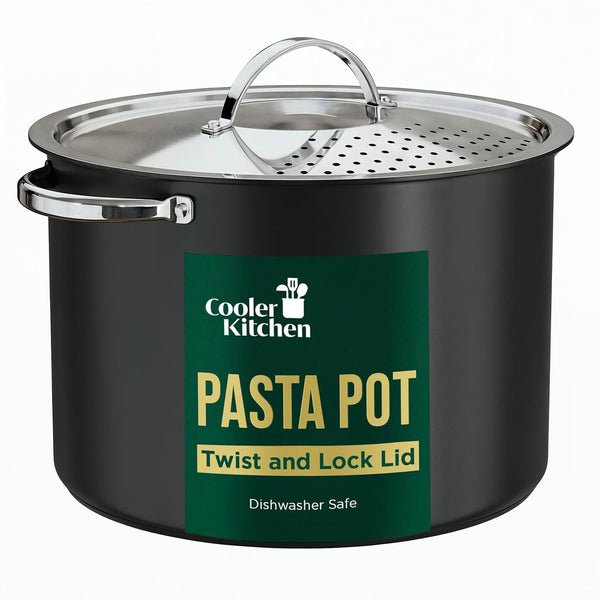Cooler Concepts Pasta Pot with Strainer Lid - 5.5 Quart Large Spaghetti Pot - Twist & Lock for Easy Drain & No Colander Or Strainer Basket Insert Needed - Dishwasher Safe Pots