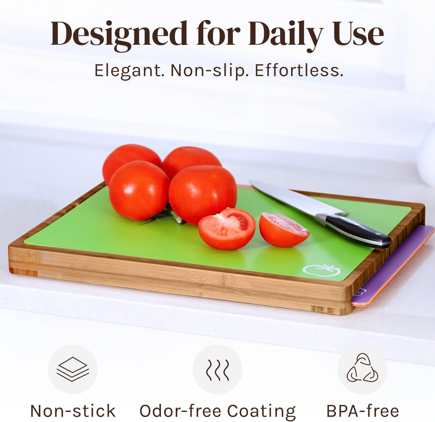 Cooler Kitchen Bamboo Cutting Board Set with 6 Color Coded Flexible Plastic Mats with Food Icons, Labeled Cutting Boards for Kitchen with Holder - BPA-Free Wooden, Dishwasher Safe, Large