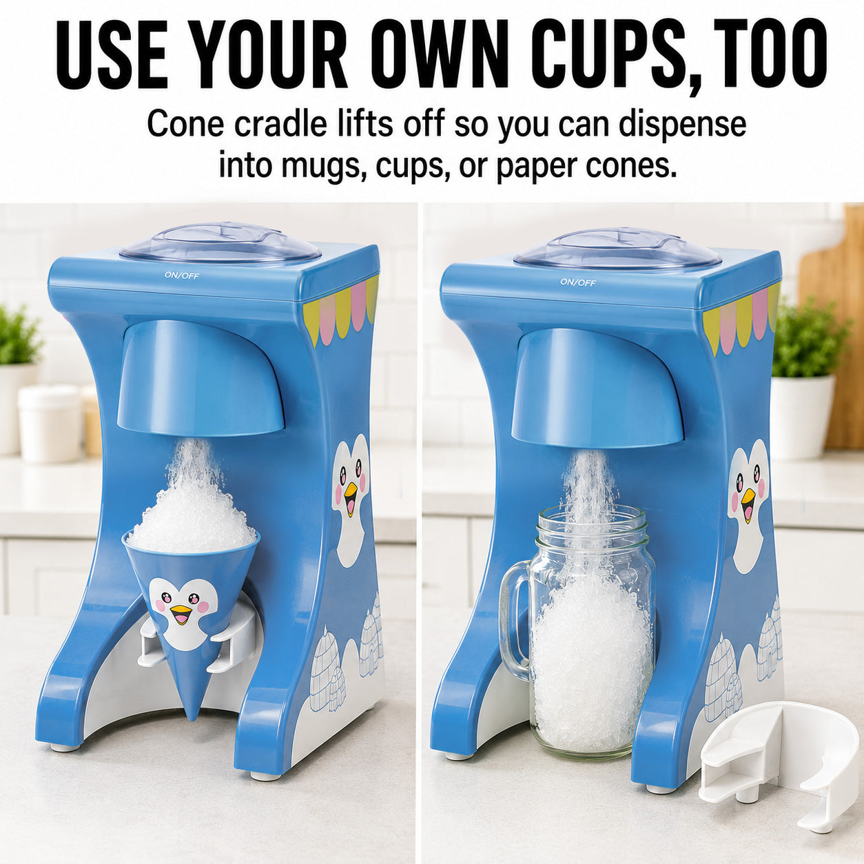 Cooler Concepts Electric Snow Cone Machine for Kids & Home - Penguin Countertop Best Shaved Ice Machine Maker - Uses Regular Cubes  or Crushed Ice for Instant Healthy Treats & Slushies