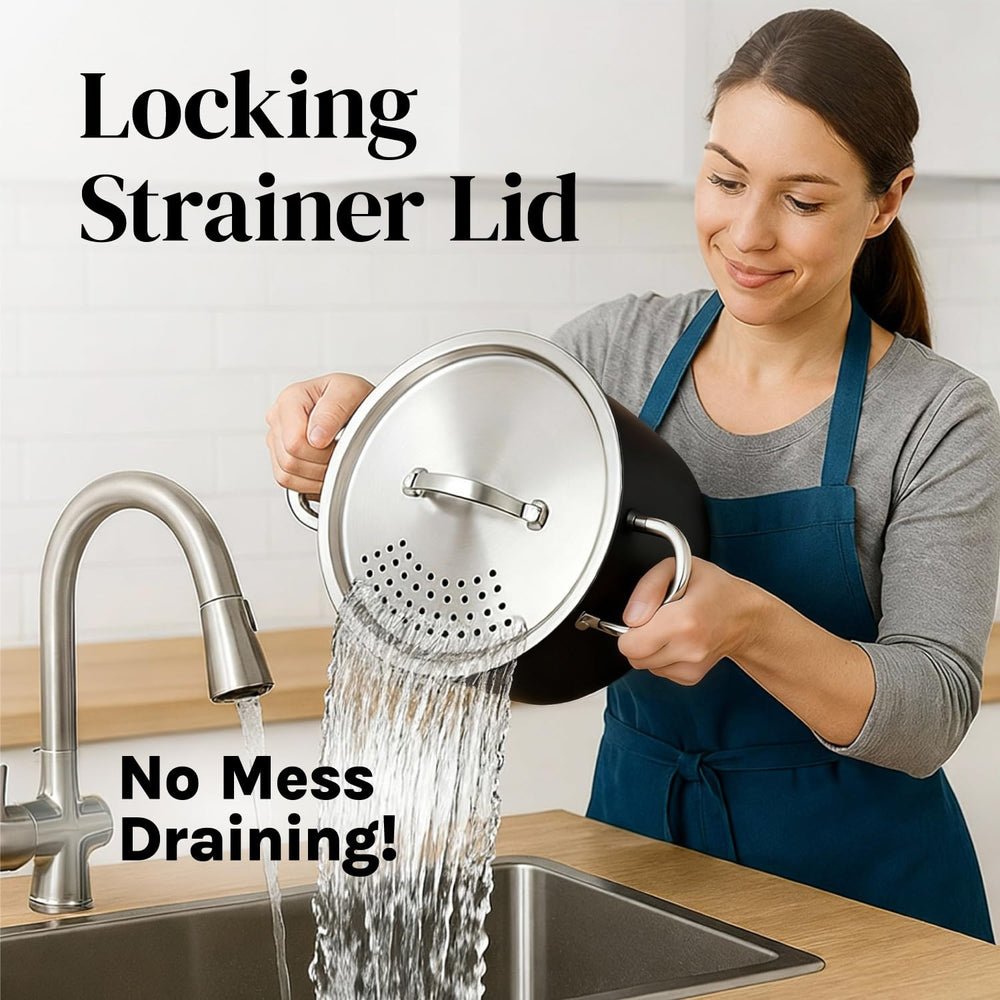 Cooler Concepts Pasta Pot with Strainer Lid - 5.5 Quart Large Spaghetti Pot - Twist & Lock for Easy Drain & No Colander Or Strainer Basket Insert Needed - Dishwasher Safe Pots