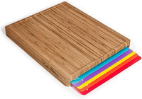 Easy-to-Clean Bamboo Wood Cutting Board with set of 6 Color-Coded Flexible Cutting Mats with Food Icons