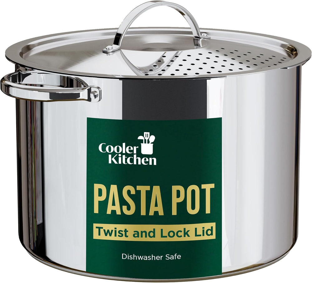 Stainless Steel Pasta Pot with Locking Strainer Lid - 5.5 Quart Large Capacity | Twist & Lock for Easy Drain & No Colander Or Strainer Basket