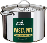 Stainless Steel Pasta Pot with Locking Strainer Lid - 5.5 Quart Large Capacity | Twist & Lock for Easy Drain & No Colander Or Strainer Basket