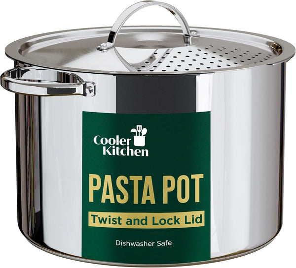 Stainless Steel Pasta Pot with Locking Strainer Lid - 5.5 Quart Large Capacity | Twist & Lock for Easy Drain & No Colander Or Strainer Basket