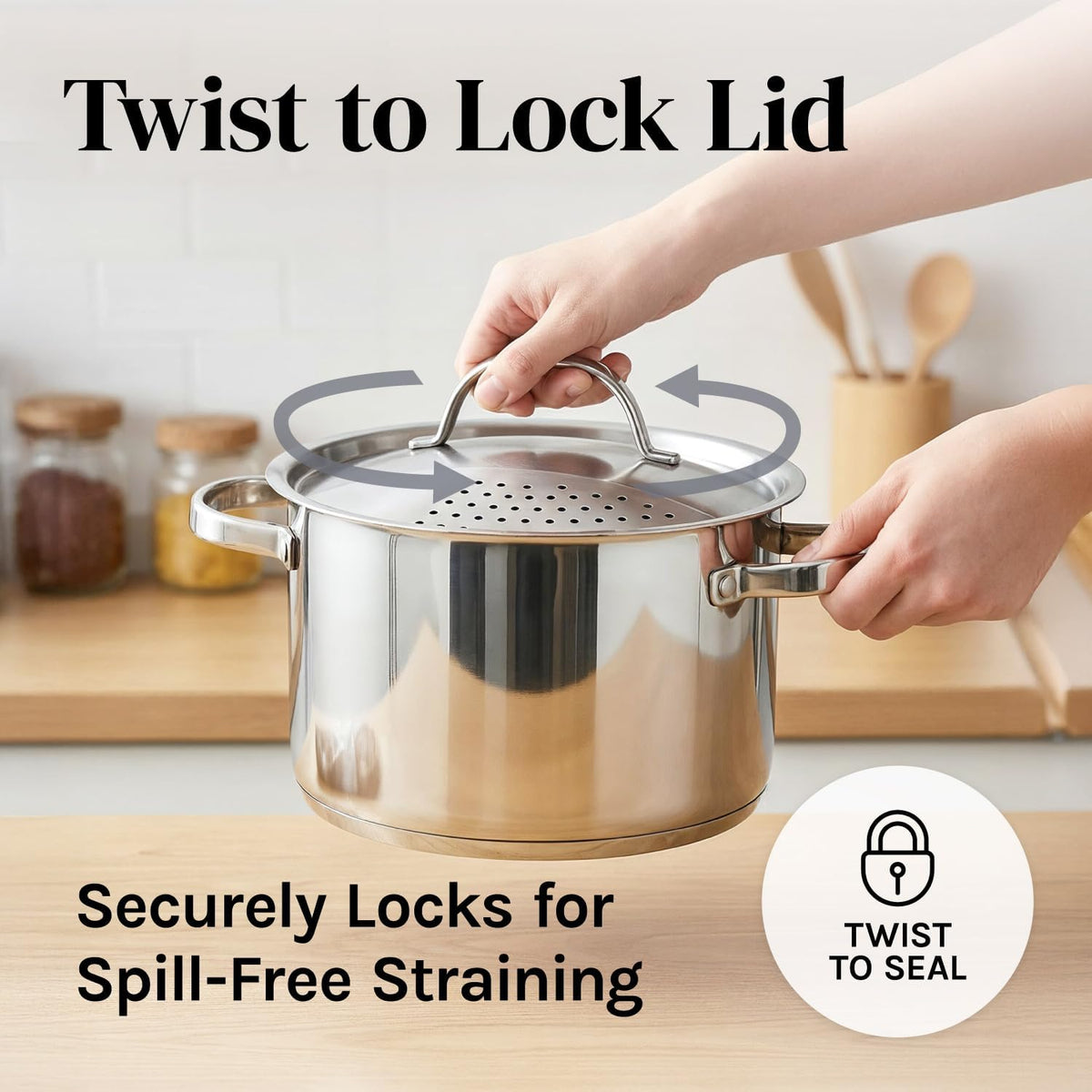 Stainless Steel Pasta Pot with Locking Strainer Lid - 5.5 Quart Large Capacity | Twist & Lock for Easy Drain & No Colander Or Strainer Basket