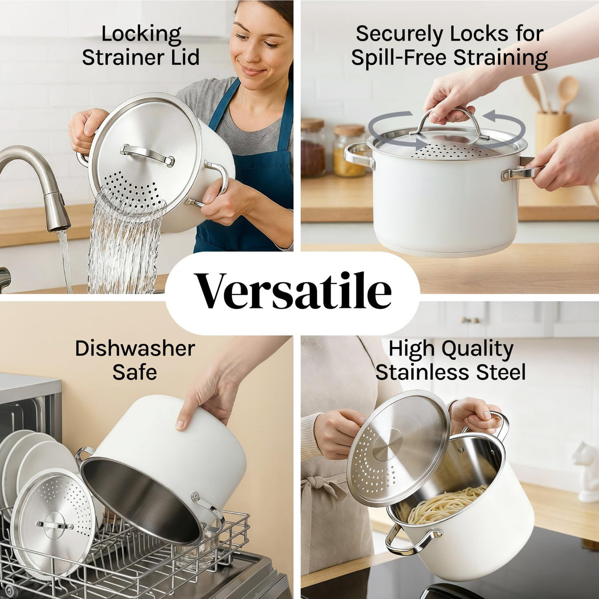 Cooler Concepts Pasta Pot with Strainer Lid - 5.5 Quart Large Spaghetti Pot - Twist & Lock for Easy Drain & No Colander Or Strainer Basket Insert Needed - Dishwasher Safe Pots