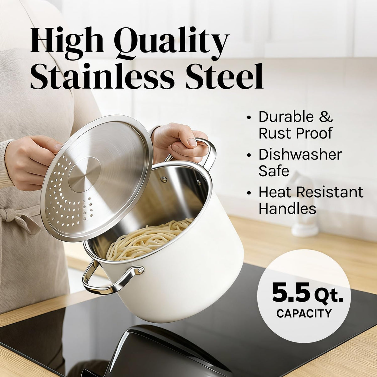 Cooler Concepts Pasta Pot with Strainer Lid - 5.5 Quart Large Spaghetti Pot - Twist & Lock for Easy Drain & No Colander Or Strainer Basket Insert Needed - Dishwasher Safe Pots