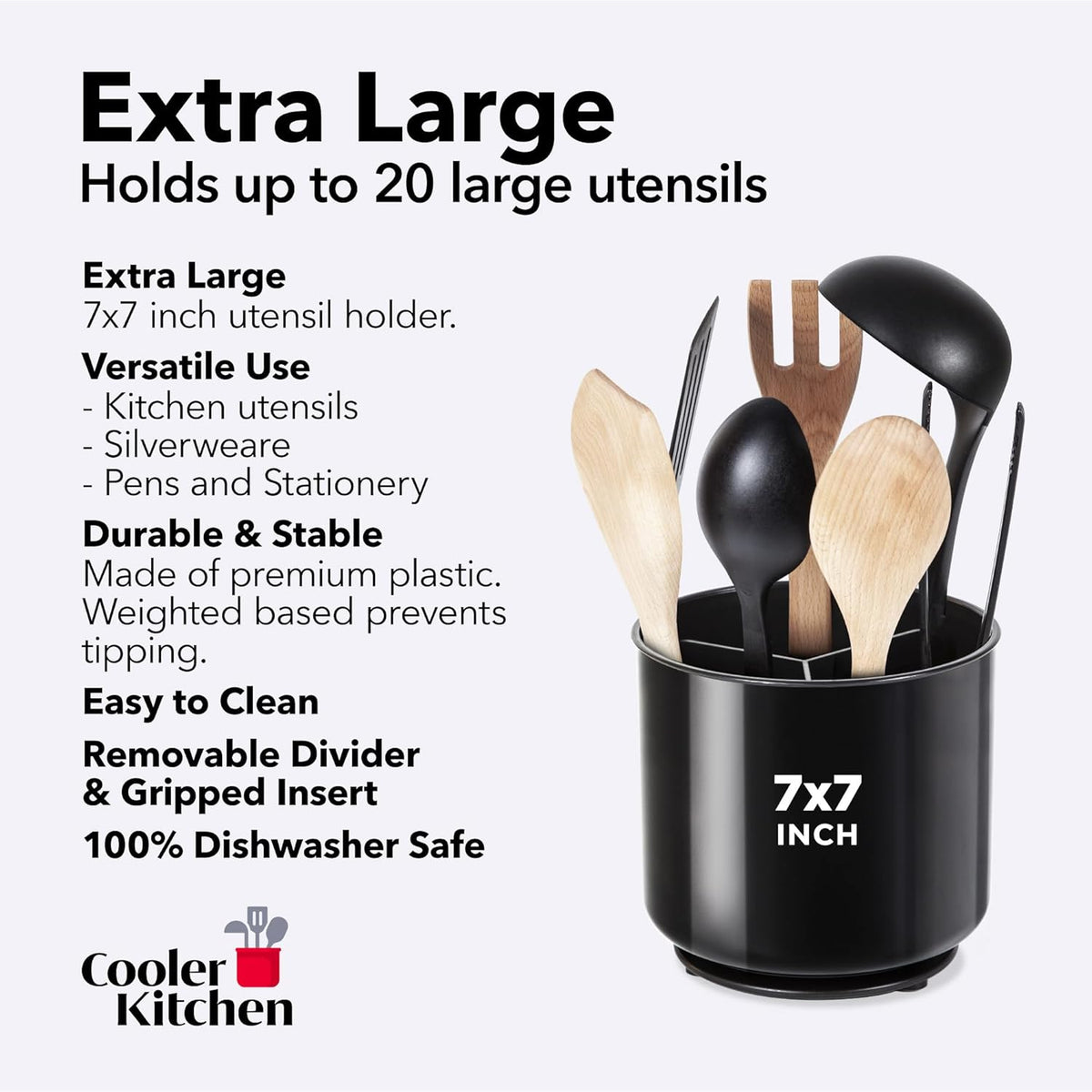 Cooler Kitchen Extra Large and Sturdy Rotating Utensil Holder Caddy with No-Tip Weighted Base, Removable Divider, and Gripped Insert | Rust Proof and Dishwasher Safe