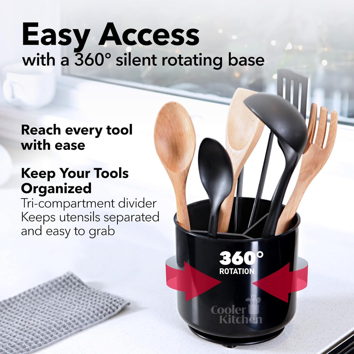 Extra Large and Sturdy Rotating Utensil Holder with No-Tip Weighted Base