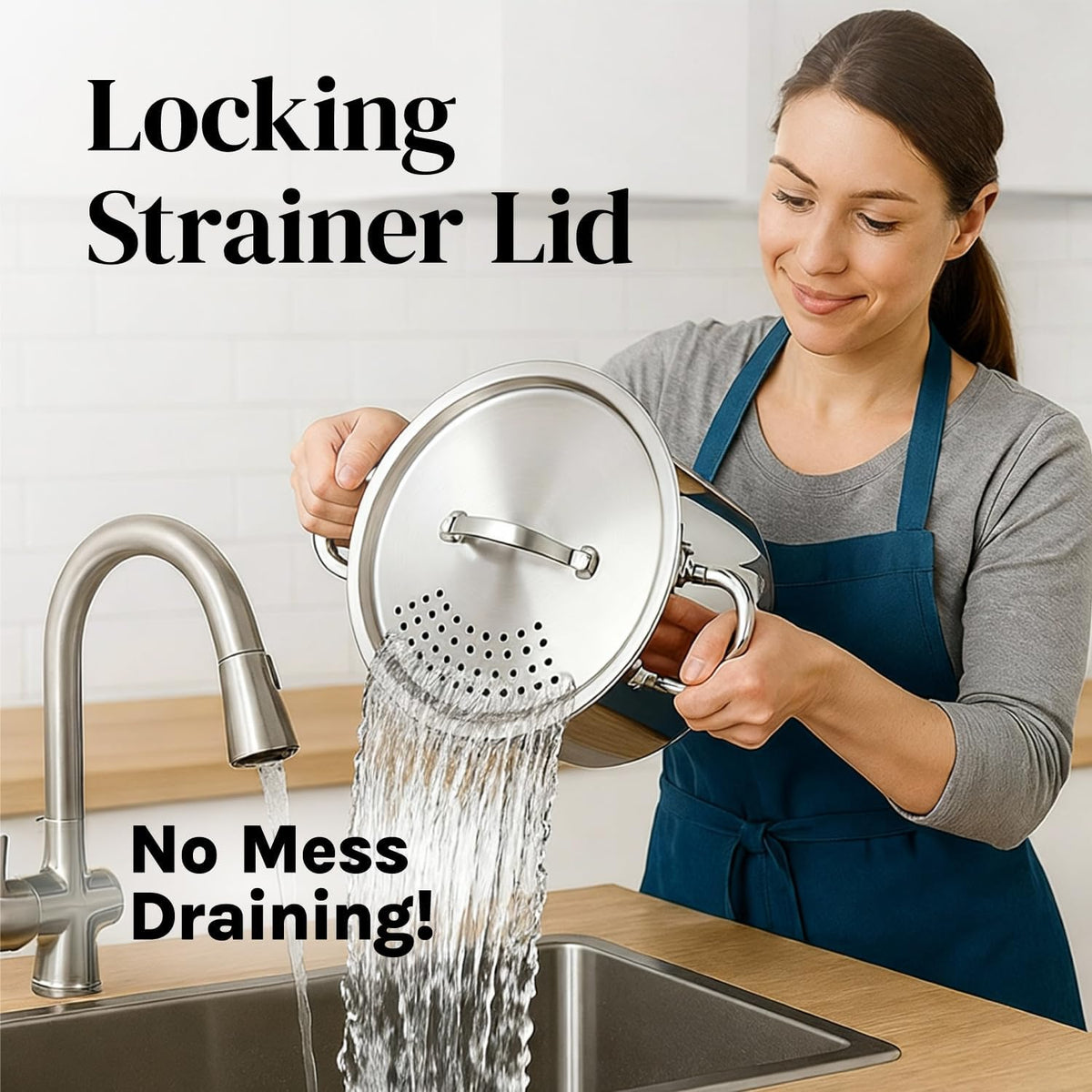 Stainless Steel Pasta Pot with Locking Strainer Lid - 5.5 Quart Large Capacity | Twist & Lock for Easy Drain & No Colander Or Strainer Basket