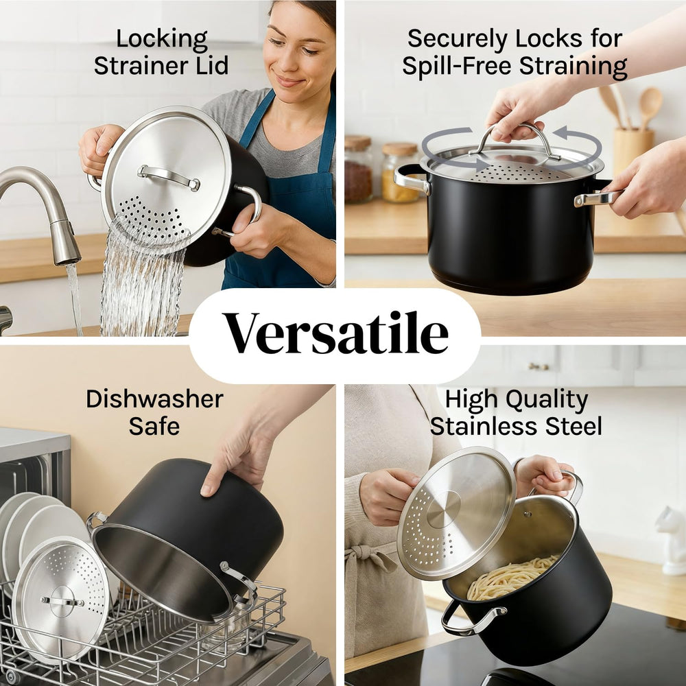 Cooler Concepts Pasta Pot with Strainer Lid - 5.5 Quart Large Spaghetti Pot - Twist & Lock for Easy Drain & No Colander Or Strainer Basket Insert Needed - Dishwasher Safe Pots