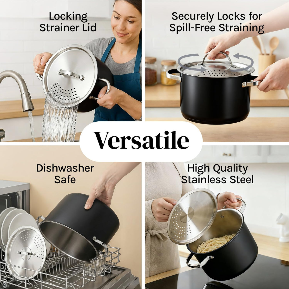 Cooler Concepts Pasta Pot with Strainer Lid - 5.5 Quart Large Spaghetti Pot - Twist & Lock for Easy Drain & No Colander Or Strainer Basket Insert Needed - Dishwasher Safe Pots