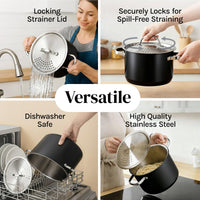 Cooler Concepts Pasta Pot with Strainer Lid - 5.5 Quart Large Spaghetti Pot - Twist & Lock for Easy Drain & No Colander Or Strainer Basket Insert Needed - Dishwasher Safe Pots