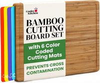 Easy-to-Clean Bamboo Wood Cutting Board with set of 6 Color-Coded Flexible Cutting Mats with Food Icons
