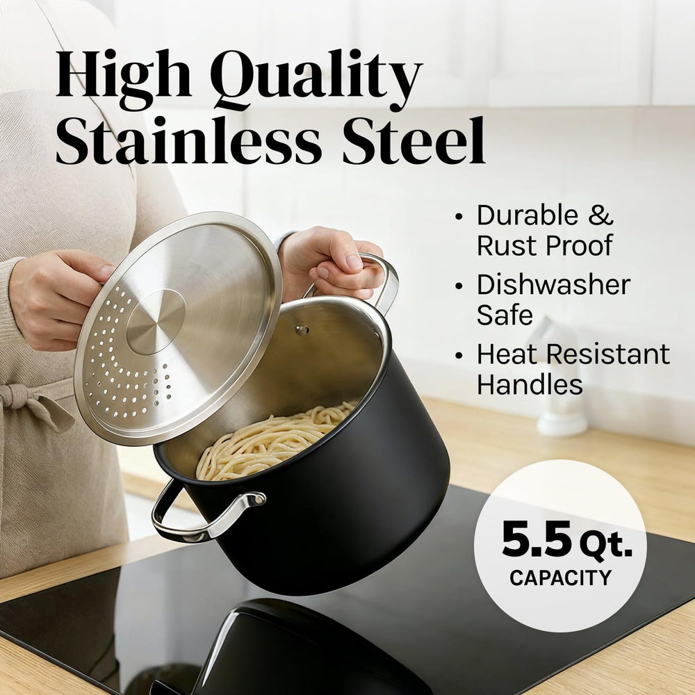 Cooler Concepts Pasta Pot with Strainer Lid - 5.5 Quart Large Spaghetti Pot - Twist & Lock for Easy Drain & No Colander Or Strainer Basket Insert Needed - Dishwasher Safe Pots