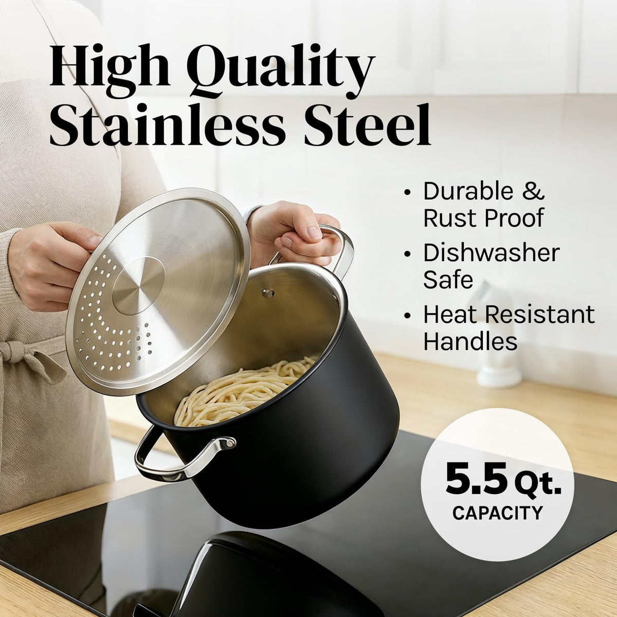 Cooler Concepts Pasta Pot with Strainer Lid - 5.5 Quart Large Spaghetti Pot - Twist & Lock for Easy Drain & No Colander Or Strainer Basket Insert Needed - Dishwasher Safe Pots