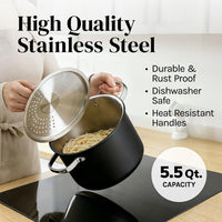 Cooler Concepts Pasta Pot with Strainer Lid - 5.5 Quart Large Spaghetti Pot - Twist & Lock for Easy Drain & No Colander Or Strainer Basket Insert Needed - Dishwasher Safe Pots