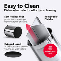 Extra Large Rotating Utensil Holder Caddy with Sturdy No-Tip Weighted Base, Removable Divider, and Gripped Insert: Metal | Rust Proof